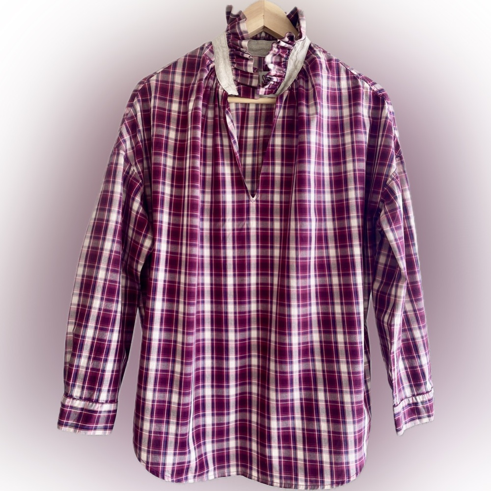 A Shirt Thing Penelope Popover Blouse. Burgundy and Cream Plaid. Size Small.